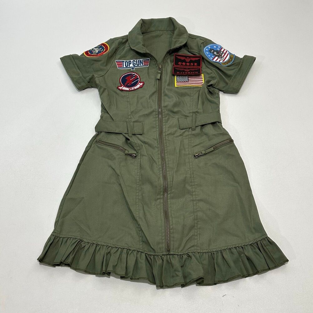 Top Gun Women's Flight Dress Olive Green Patch Ruffle Zipper Belted, Size M